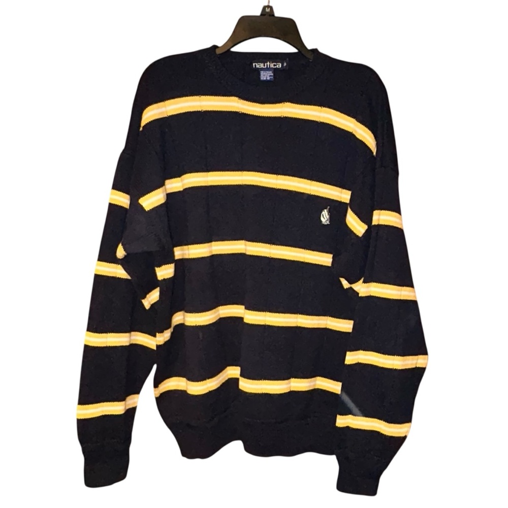 Nautica Striped Cotton Knit Sweater Logo Men’s Large Navy Yellow Classic‎